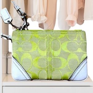 COACH Signature Lemon Green Jacquard/Leather Vintage Wristlet